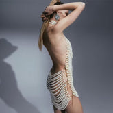 Beaded sexy backless hollowed out neckline dress, banquet party performance dress